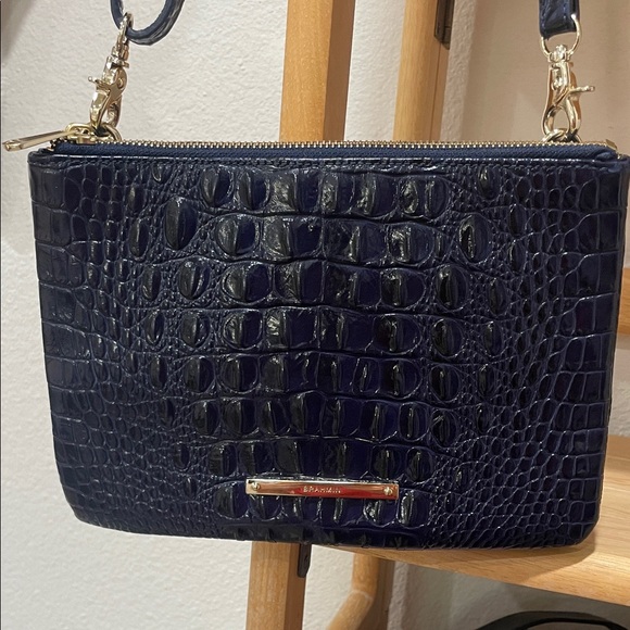 Elegant Navy Blue Brahmin Crocodile Pattern Shoulder Bag - Picture 2 of 5